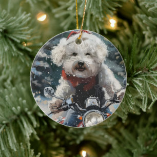 Bichon Frise Hund Riding Motorcykel jul Julgransprydnad Keramik