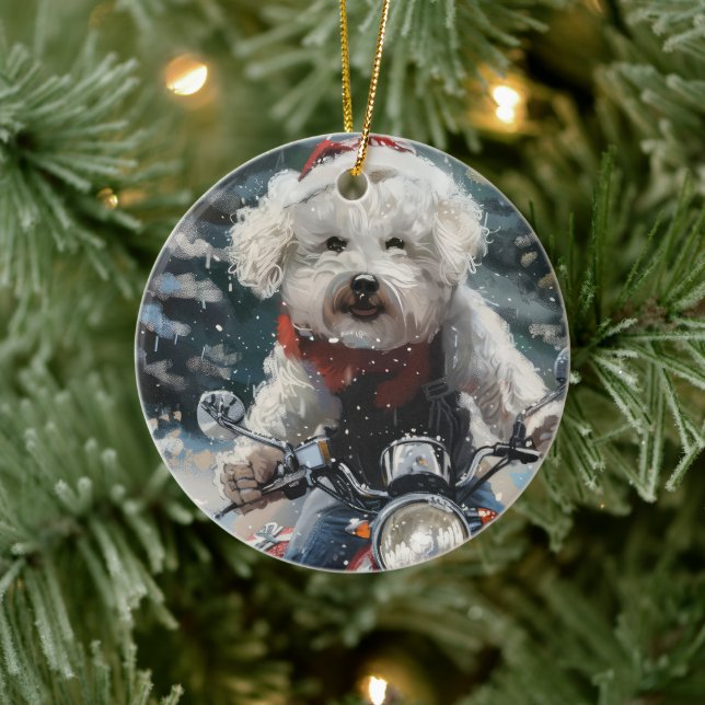 Bichon Frise Hund Riding Motorcykel jul Julgransprydnad Keramik (Träd)