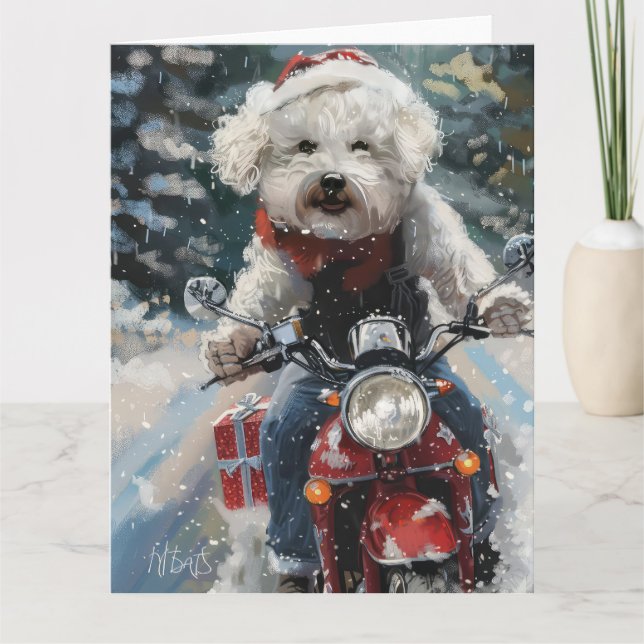 Bichon Frise Hund Riding Motorcykel jul Kort (Framsida)