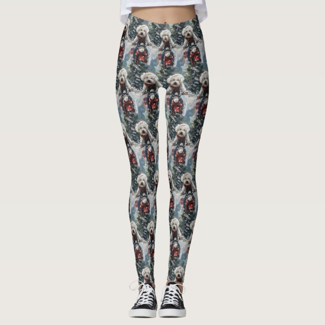 Bichon Frise Hund Riding Motorcykel jul Leggings (Framsida)