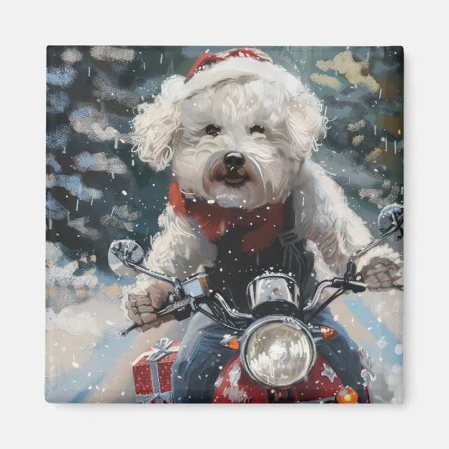 Bichon Frise Hund Riding Motorcykel jul Magnet (Framsidan)