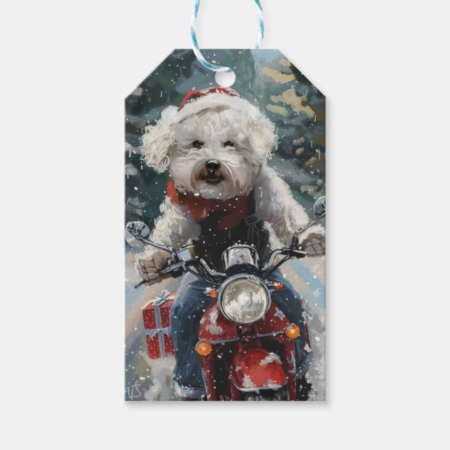 Bichon Frise Hund Riding Motorcykel jul Presentetikett (Framsidan)