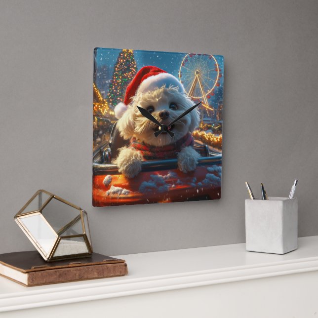 Bichon Frise Hund Roller Underlägg jul Fyrkantig Klocka (Kontor)