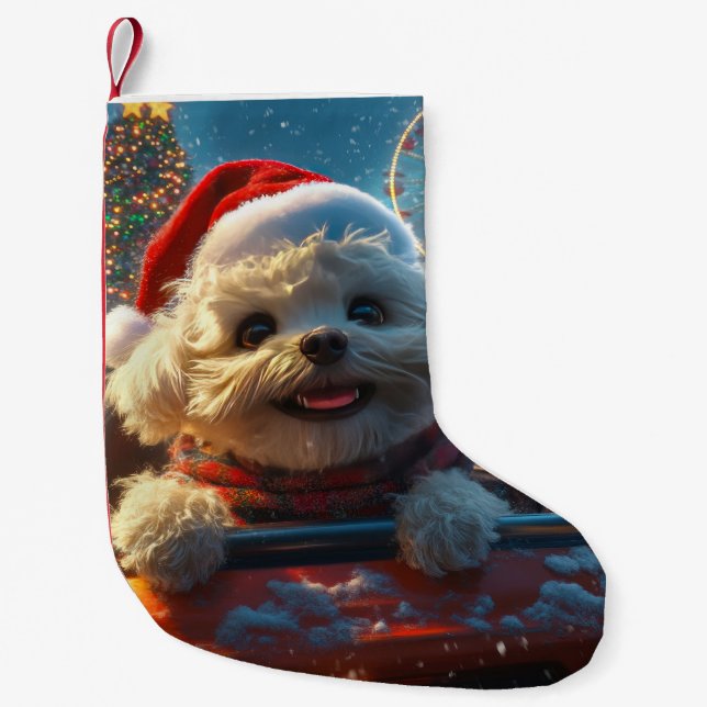 Bichon Frise Hund Roller Underlägg jul Liten Julstrumpa (Framsidan)