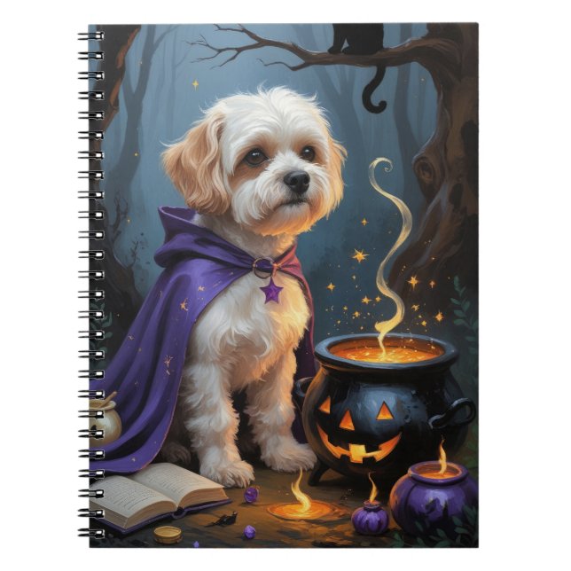 Bichon Frise Hund Whimsical Halloween-målning Anteckningsbok (Framsidan)