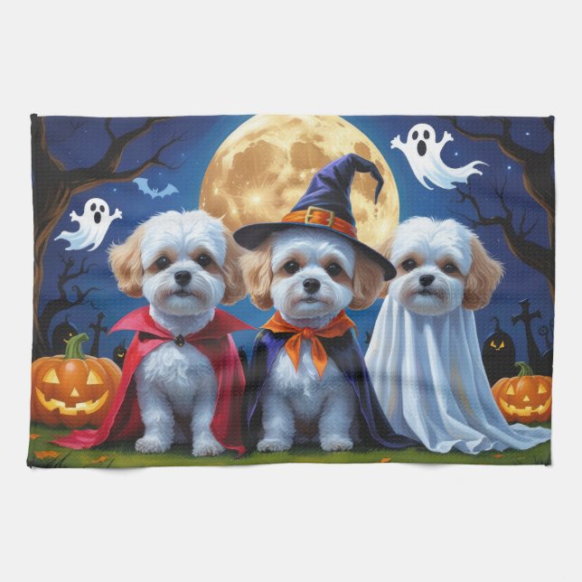 Bichon Frise Hundar Pumpkin Halloween Funny Kökshandduk (Horisontell)