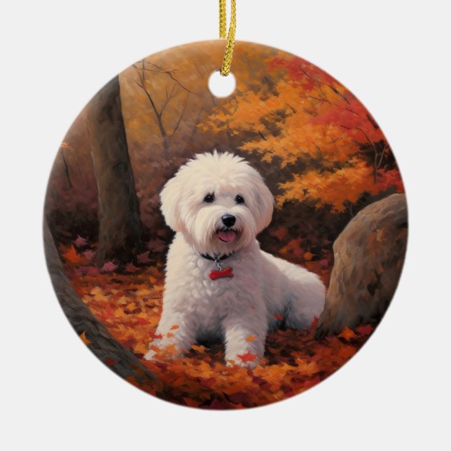 Bichon Frise i Höst löv Fall Inspire Julgransprydnad Keramik (Framsidan)
