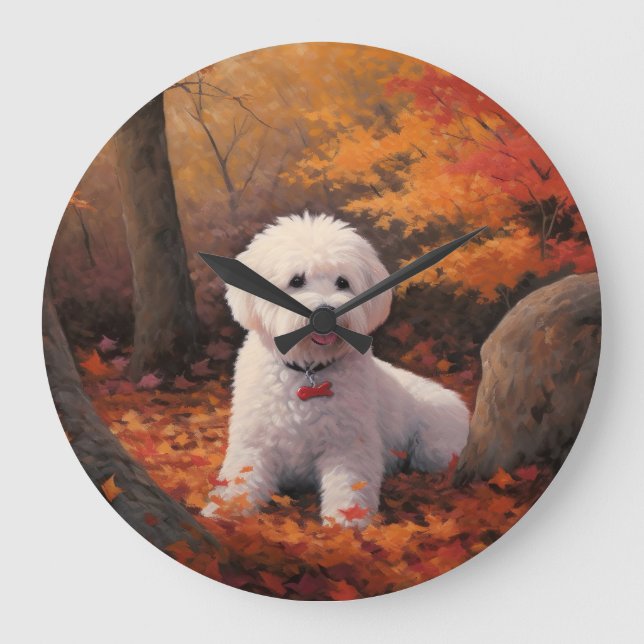 Bichon Frise i Höst löv Fall Inspire Stor Klocka (Framsida)