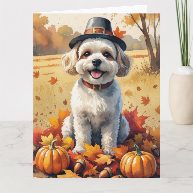 Bichon Frise in Höst löv Thanksgiving Art Kort (Framsida)