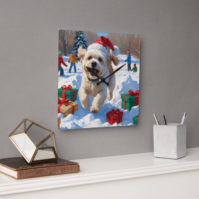 Bichon Frise Jul Festiv Snö Scen Fyrkantig Klocka (Kontor)