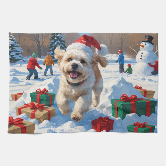 Bichon Frise Jul Festiv Snö Scen Kökshandduk (Horisontell)