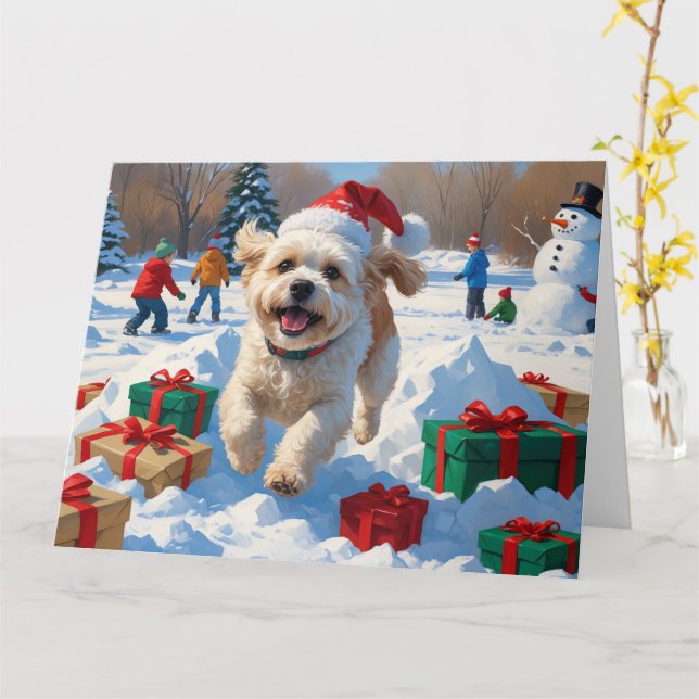Bichon Frise Jul Festiv Snö Scen Kort (Gul blomma)