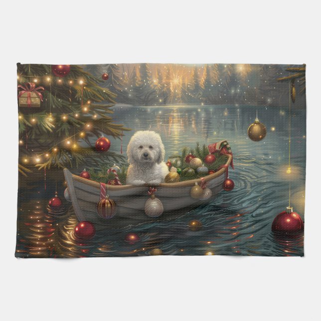 Bichon Frise jul - festlig resa Kökshandduk (Horisontell)