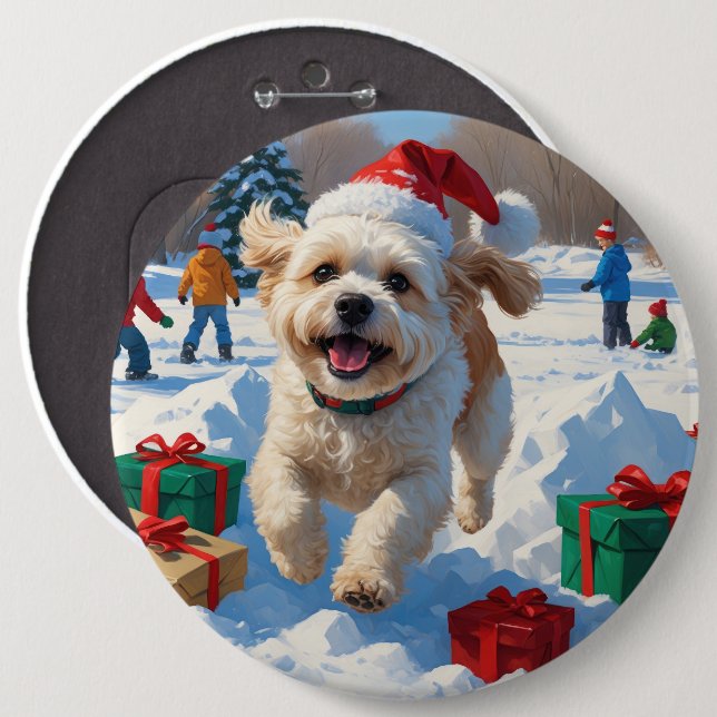 Bichon Frise jul-scenen i Snö Knapp (Framsida & baksida)