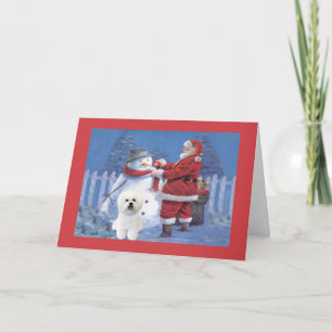 Bichon Frise julkort Santa och snögubbe Helgkort