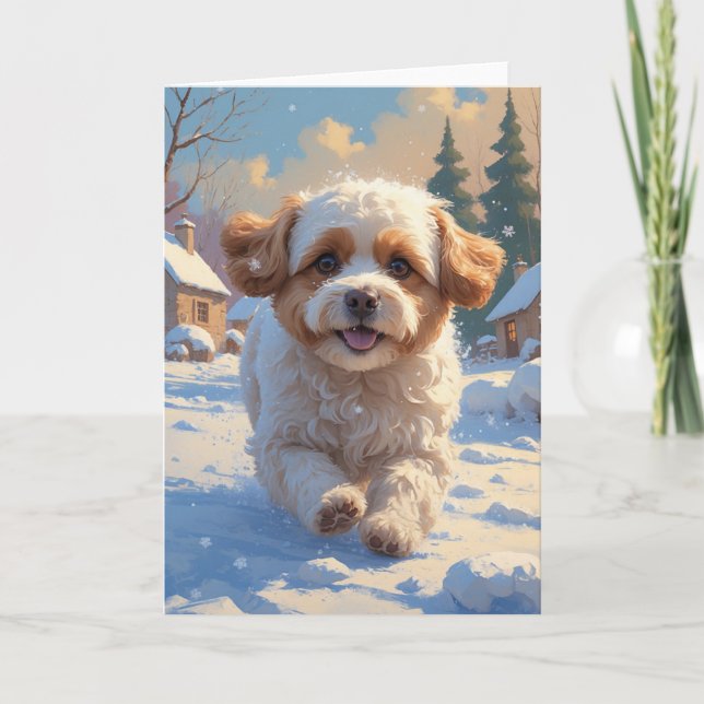 Bichon Frise Julsnö Scen Målning Kort (Framsida)