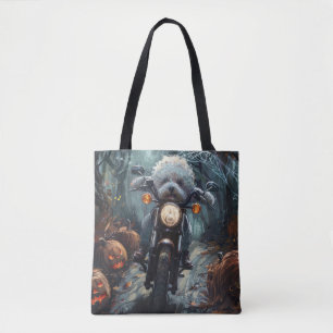 Bichon Frise kör motorcykel Halloween läskig Tygkasse