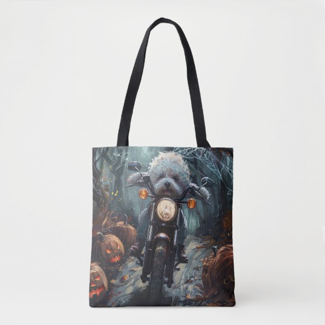 Bichon Frise kör motorcykel Halloween läskig Tygkasse (Framsida)