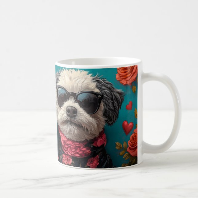 Bichon Frise med hjärtröda rosor Alla hjärtans dag Kaffemugg (Höger)