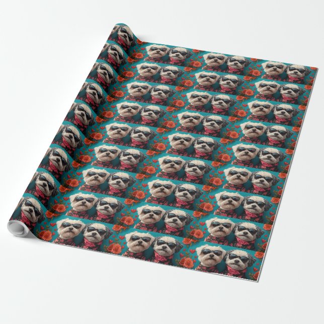 Bichon Frise Med Hjärtrosar Alla Hjärtans Dag Presentpapper (Utrullad)