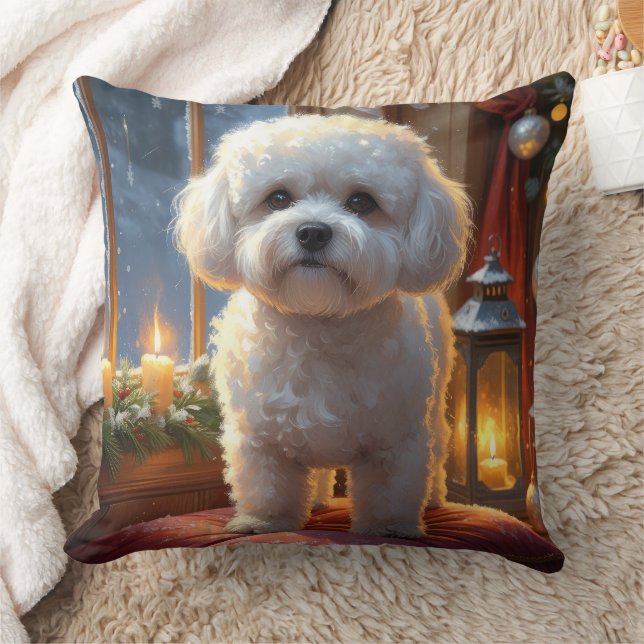 Bichon Frise med julbelysning firande Kudde (Filt)