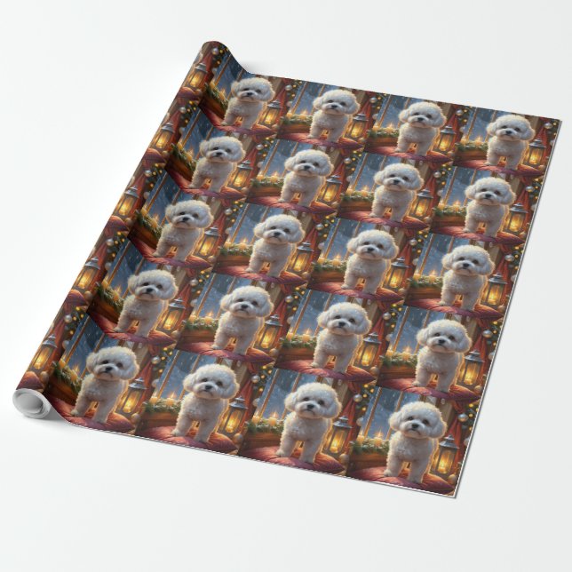 Bichon Frise med julbelysning firande Presentpapper (Utrullad)