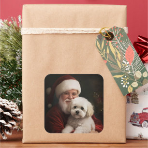 Bichon Frise med Jultomten julafton Fyrkantigt Klistermärke