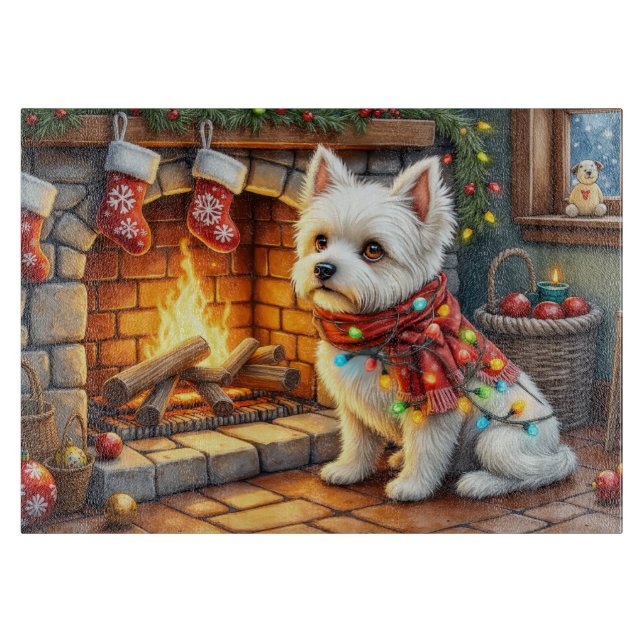 Bichon Frise Öppen Spis med Julbelysning (Framsidan)