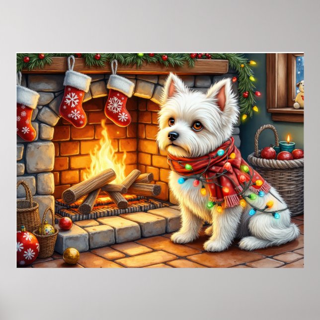 Bichon Frise Öppen Spis med Julbelysning Poster (Framsidan)