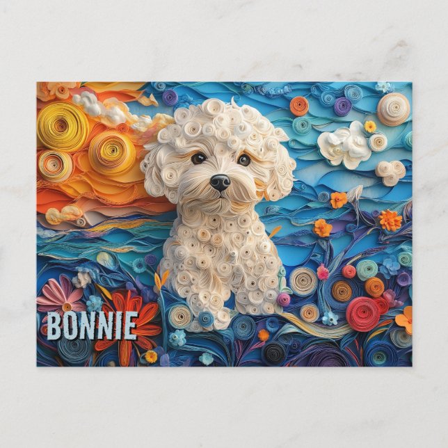 Bichon Frise Papper Quilling Art Porträtt Vykort (Framsida)