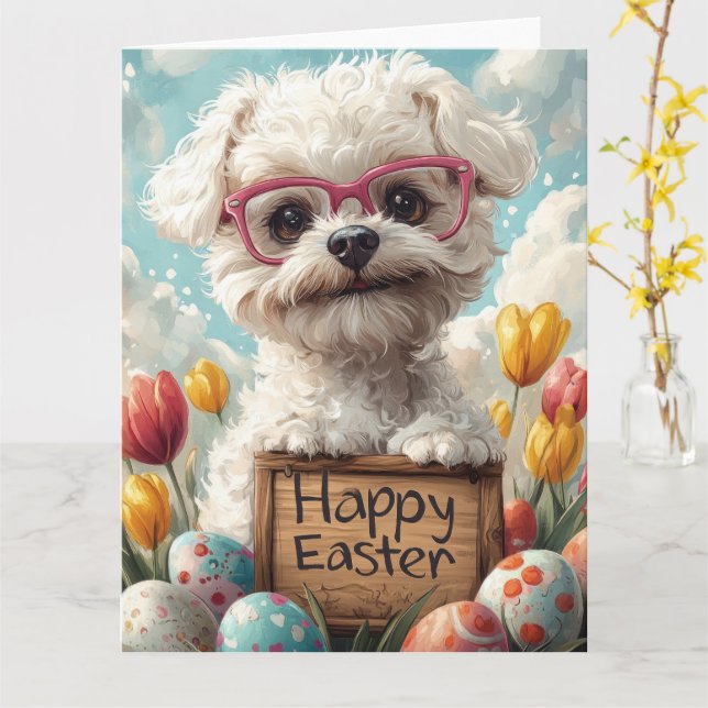 Bichon Frise Påskägg Kort (Gul blomma)