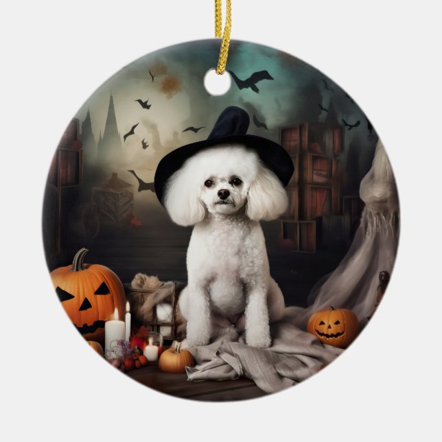 Bichon Frise Pumpkins Halloween Scary Julgransprydnad Keramik (Framsidan)