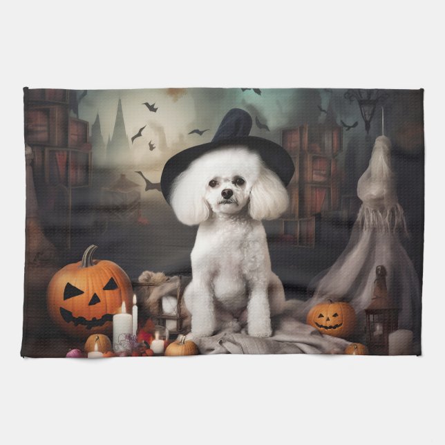 Bichon Frise Pumpkins Halloween Scary Kökshandduk (Horisontell)