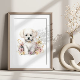 Bichon Frise Puppy Pet Watercolor Flower Poster