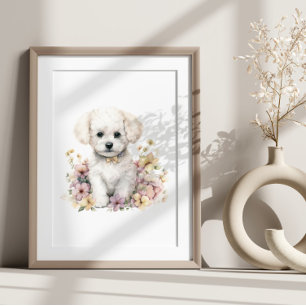 Bichon Frise Puppy Pet Watercolor Flower Poster