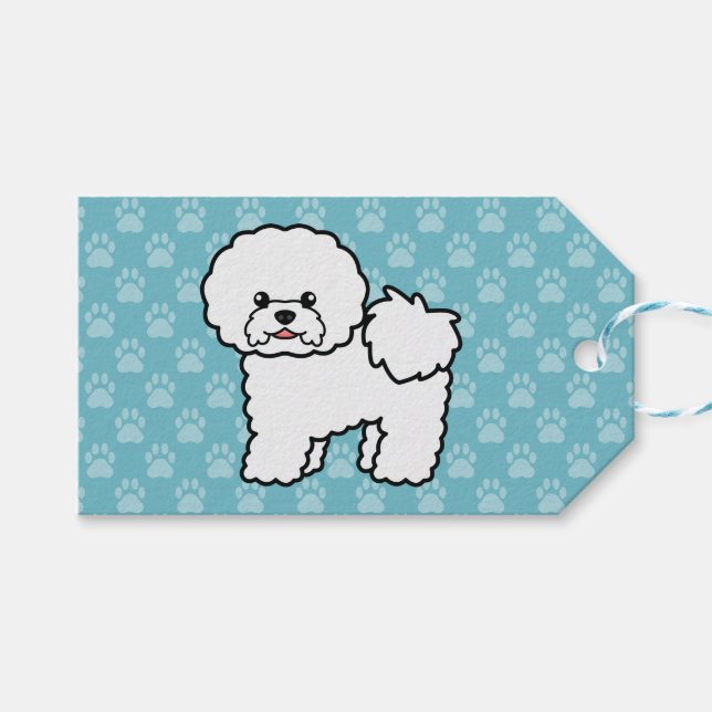 Bichon Frise-ras Hund På Blått Presentetikett (Framsidan (Horisontell))