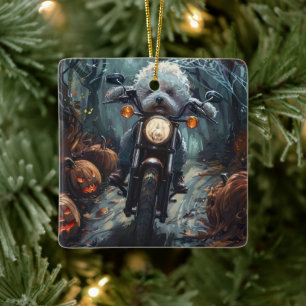 Bichon Frise Riding Motorcykel Halloween Scary Julgransprydnad Keramik