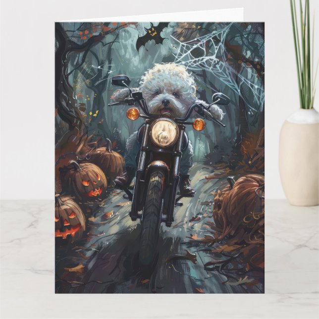 Bichon Frise Riding Motorcykel Halloween Scary Kort (Framsida)