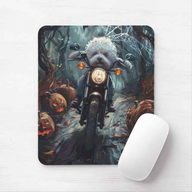 Bichon Frise Riding Motorcykel Halloween Scary Musmatta (Med mus)