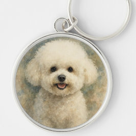 Bichon Frise Rund Silverfärgad Nyckelring