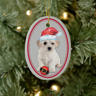 Bichon Frise Santa Hat-julprydnaden Julgransprydnad Keramik
