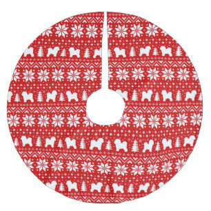 Bichon Frise Siluetter Julmönster Röd Julgransmatta Borstad Polyester