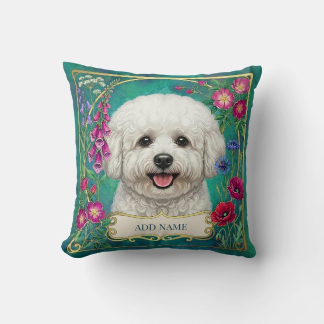 Bichon Frise Skräddarsydd Teal Blommig Kudde (Framsida)