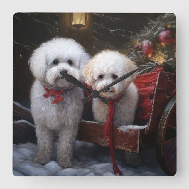Bichon Frise Snöig släde juldekoration Fyrkantig Klocka (Framsida)