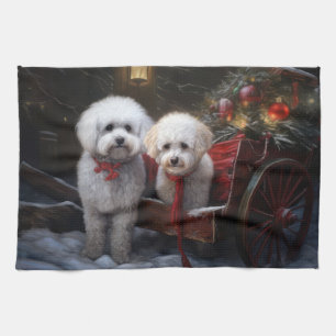 Bichon Frise Snöig släde juldekoration Kökshandduk