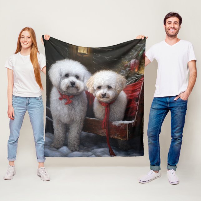 Bichon Frise Snowy Sleigh-juldekretet Fleecefilt (På plats)