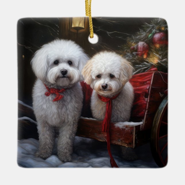 Bichon Frise Snowy Sleigh-juldekretet Julgransprydnad Keramik (Framsida)