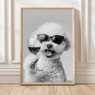 Bichon Frise som håller i vin Väggkonst, Svart och Poster
