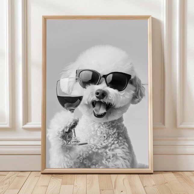 Bichon Frise som håller i vin Väggkonst, Svart och Poster (Skapare uppladdad)