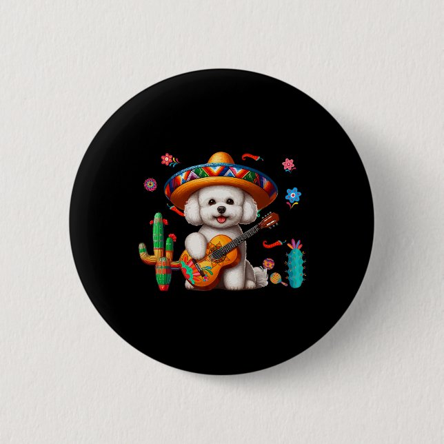 Bichon Frise Sombrero Mexikansk Gitarr Cinco De Ma Knapp (Framsida)
